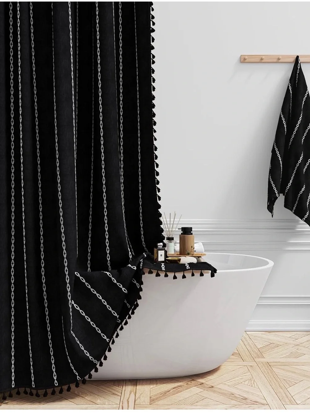 Black Striped Tassel Shower Curtain 37”x72” - Modern Boho - Picture 1 of 9